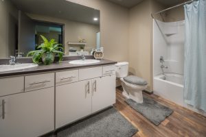bathroom with double sinks, large mirror, and bathtub
