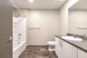 Interior Unit Bathroom, Brown Laminate Countertop, white appliances, wood-like floor, large vanity, shower/bathtub.