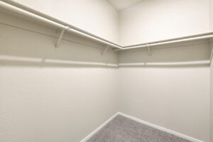 Interior unit walk-in Closet, two shelves with clothing rack, neutral toned walls and carpeting.