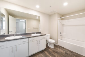 Interior Unit Bathroom, Double sink vanity, white cabinetry, white appliances, dark brown laminate countertop, wood like flooring.